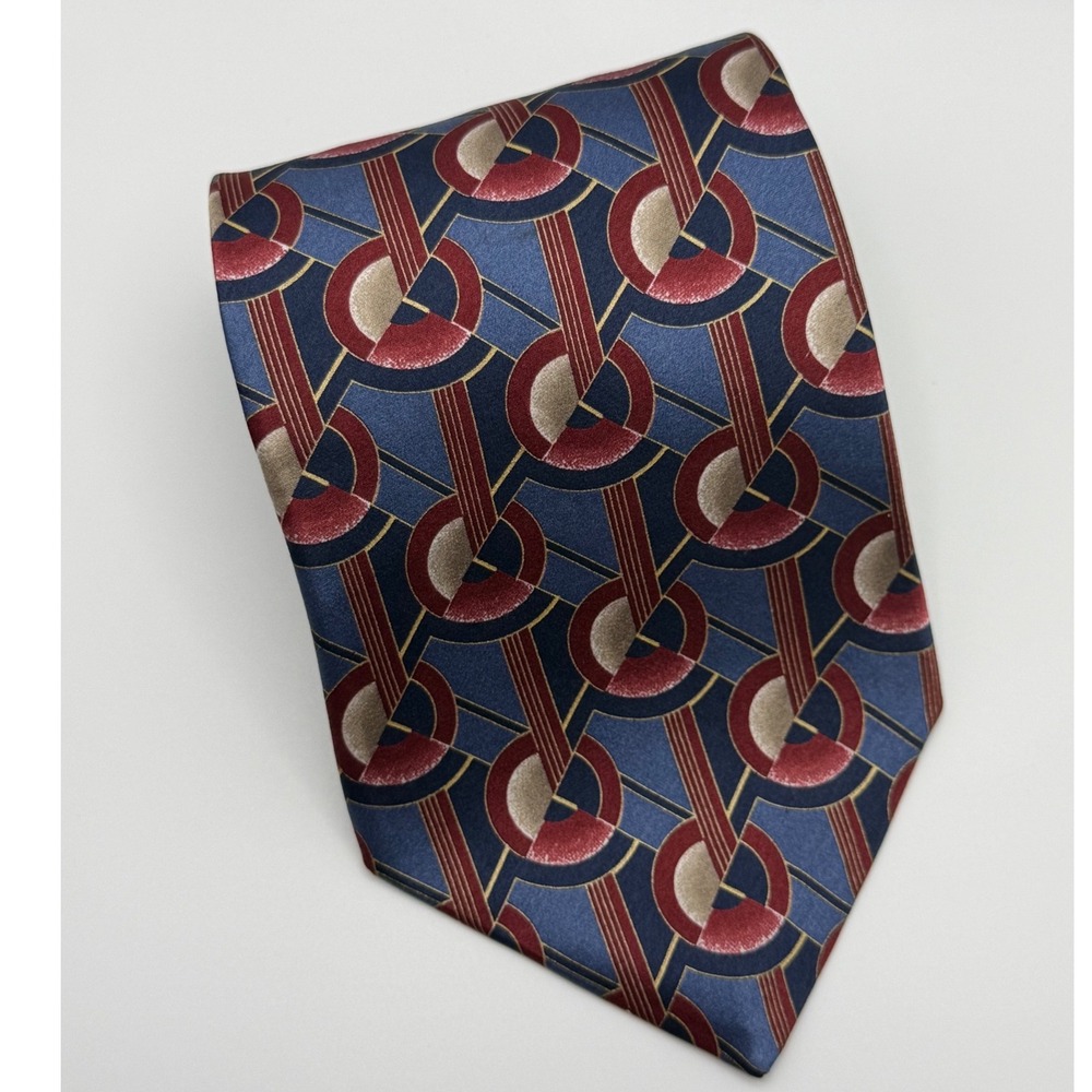 Krizia Uomo Silk Tie 4" Art Deco Geometric Retro Italian Blue Burgundy Gold